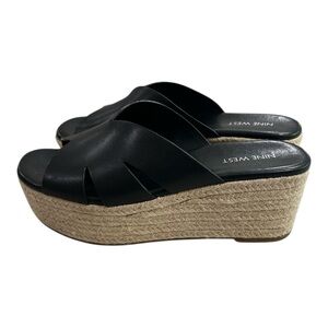 Nine West Black Leather Espadrille Platform Wedge Slides